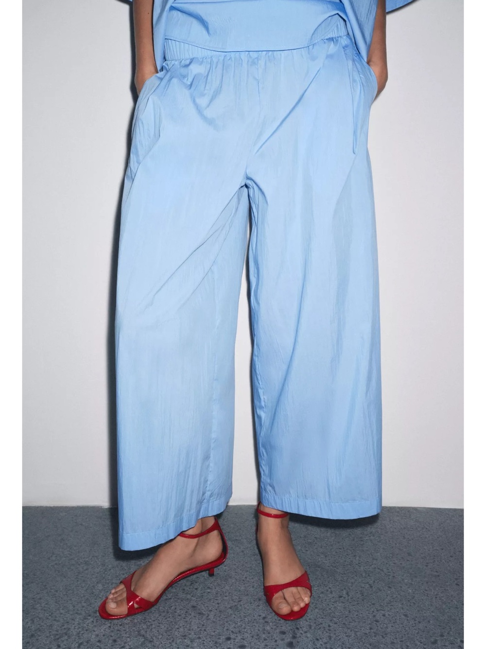Zara Blue Wide-Leg poplin pleated Elastic Waist Pants - Picture 5 of 13
